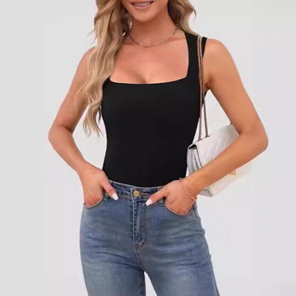 Tank Top Ribbed - เสื้อกล้ามผู้หญิงสำหรับฤดูร้อน คอเหลี่ยม สายไหล่กว้าง ไม่มีแขน สีพื้น ทรงเข้ารูป