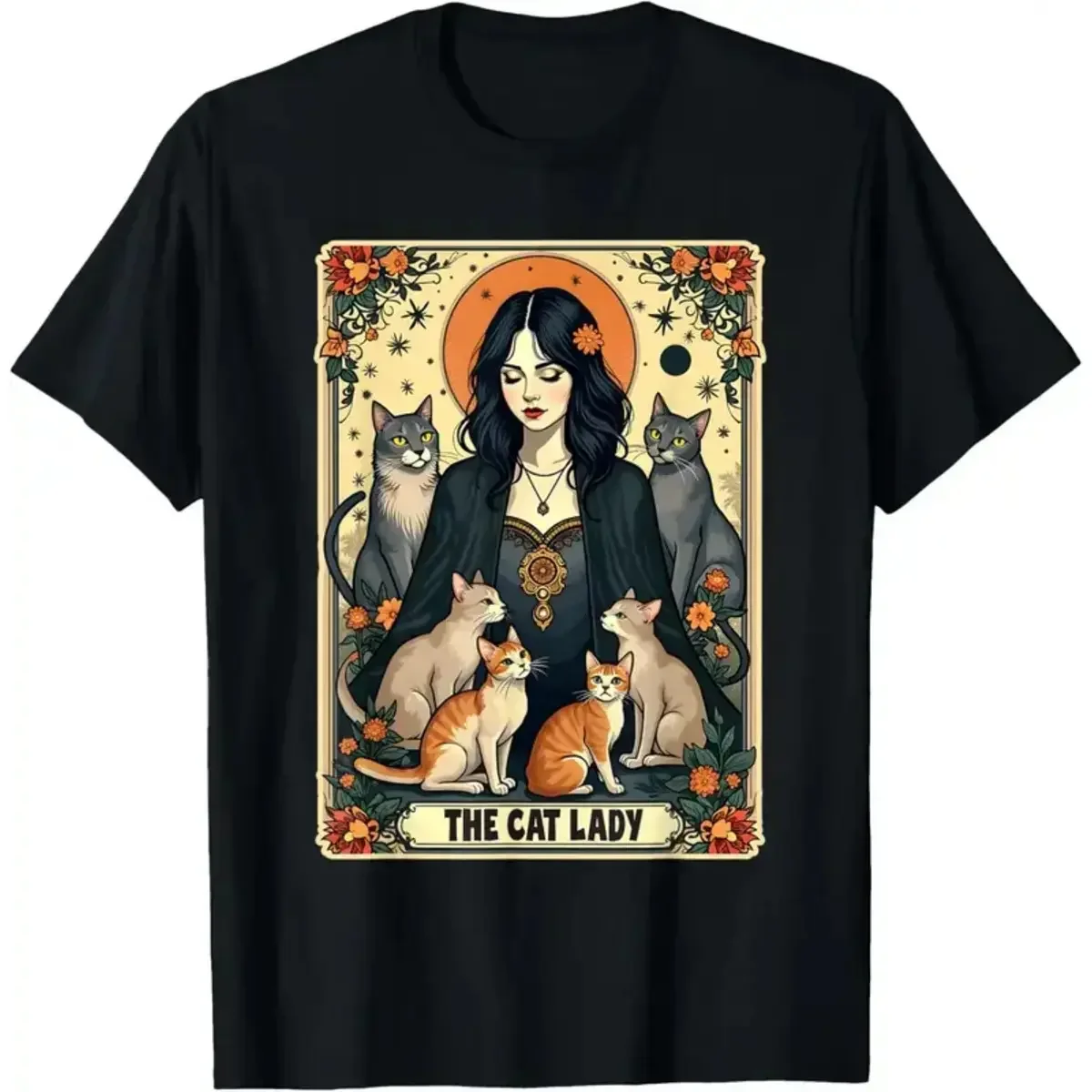 Undershirt Crew Neck - เสื้อยืดลายการ์ดทาโรต์ The Cat Lady สำหรับทุกเพศ เสื้อยืดลายแมวสไตล์วิชชี่กอธิคสำหรับคุณแม่แมว