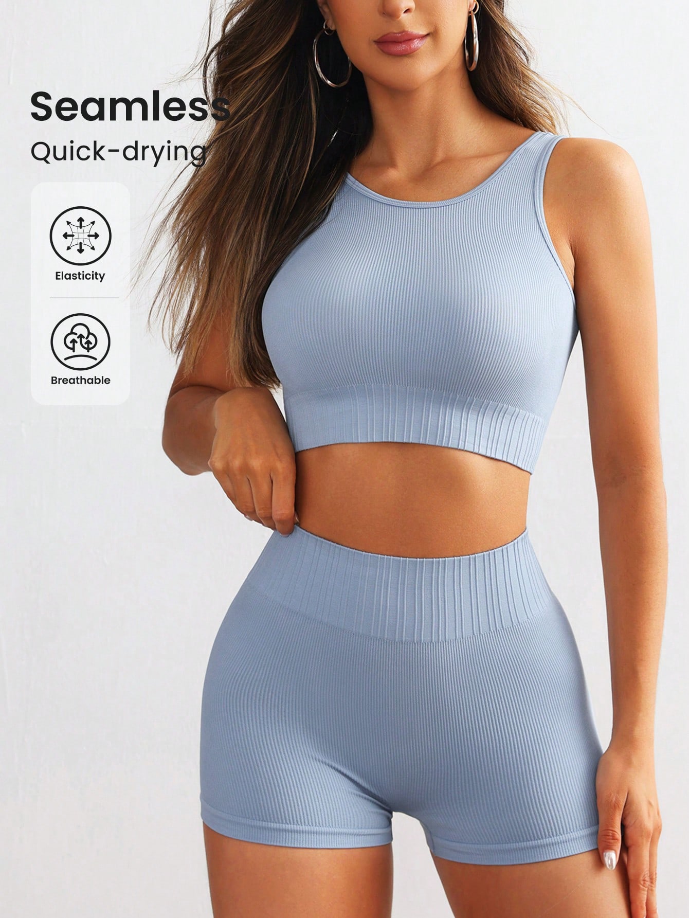 Tank Top Ribbed - ชุดโยคะไร้รอยต่อสำหรับผู้หญิง เสื้อครอปแขนกุดคอกลม กางเกงขาสั้นเอวสูงทรง Biker ชุดออกกำลังกาย 2